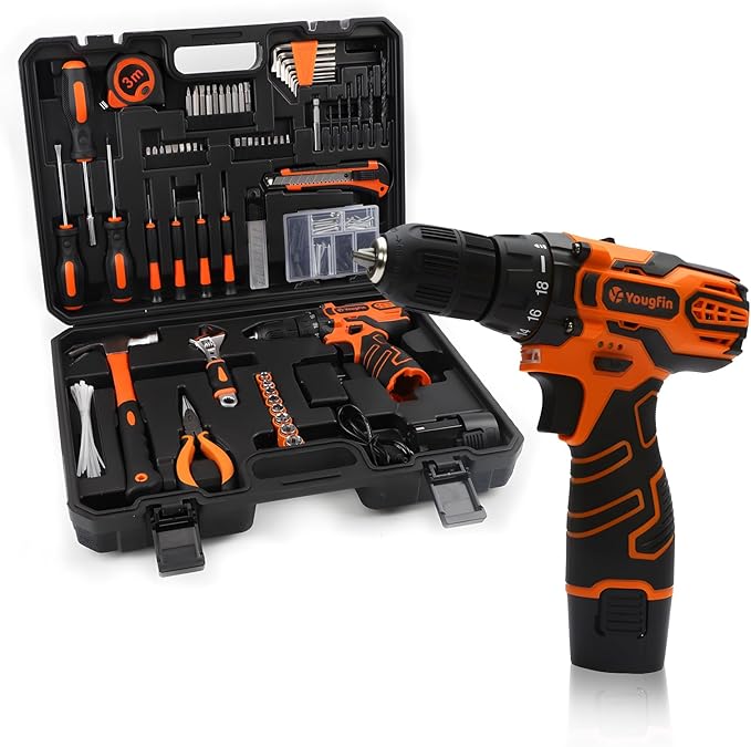 YOUGFIN Tool Kit with Drill 12V, Home Tool Set with Cordless Drill for Men, Power Drill Tool Box with 195 Pieces Household Hand Tools for Office (with 2.0Ah Battery & Charger)