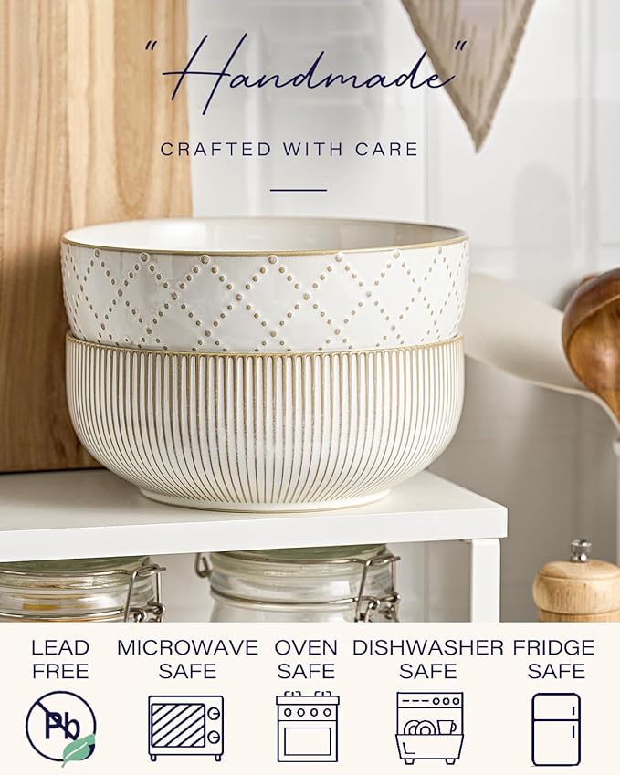 getstar Large Serving Bowls (8 inch & 60 fl oz), Ceramic Salad Bowl Set of 2, Microwave and Dishwasher Safe, Farmhouse Kitchen Decorative Bowls Set (Embossed Checks & Stars)