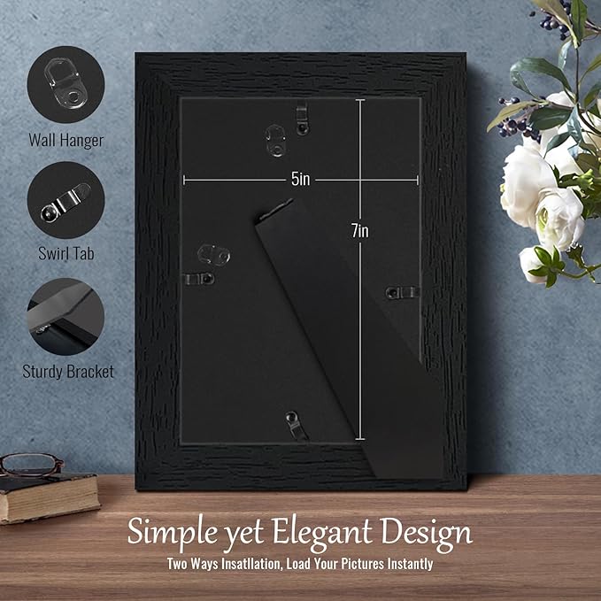 VCK 5x7 Picture Frame, Black Wooden Photo Frames for Wall Hanging Gallery or Tabletop Display, 1 Pack
