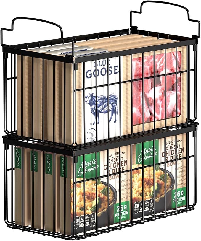Freezer Organizer Bins, 2 Pack Stackable Deep Chest Freezer Organizer Bins, Foldable Freezer Baskets with Handles, Black Freezer Storage Organizer Baskets for 5/ 7 Cu.FT Sort Frozen Meats