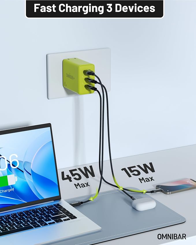 65W USB C Charger Block 3-Port GaN Fast Wall Charger Power Adapter | 2 USB-C &amp 1 USB-A Foldable Plug PD 3.0 PPS Fast Charging for iPhone 17/16/15 Galaxy S26/S25 Pixel 10/9 iPad &amp MacBoo