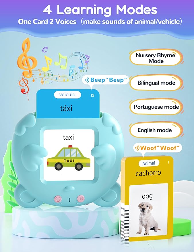 Portuguese and English Talking Flash Cards for Kids, 510 Sight Words Bilingual Learning Toys for Toddlers, Autism Pocket Speech Therapy Toys, Brazil Português Vocabulary Educational Flashcards
