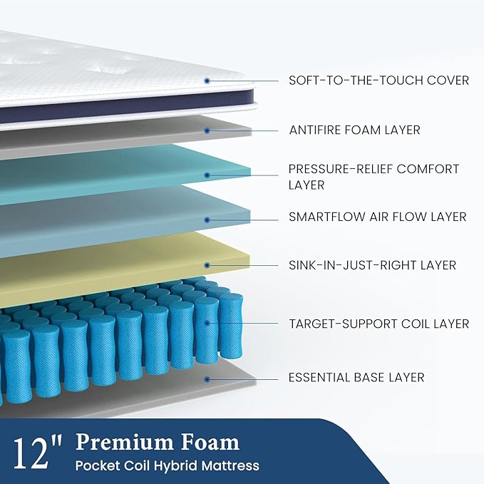 Coolvie Mattresses Queen Size, 12 Inch Supportive Foam Hybrid Mattress in a Box, Individual Pocket Springs for Cooler Sleep & Minimal Motion Transfer, Medium Firm for Back Sleeper 100-Night Trial