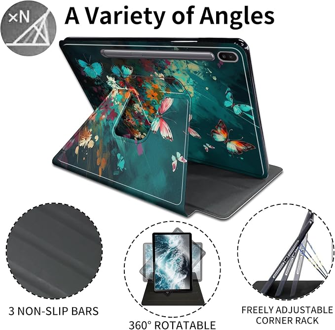 for Samsung Galaxy Tab S6 (10.5 inch) Tablet 2019 release-360 Degree Rotating Stand PU Leather Cover with Auto Wake/Sleep + S Pen HolderArt Butterfly