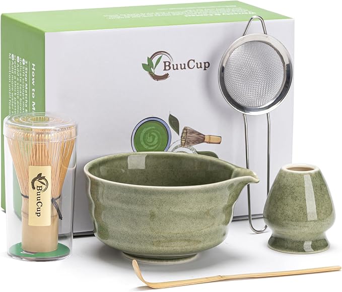 Buucup Japanese Matcha Set with Ceramic Bowl, Whisk & Bamboo Scoop