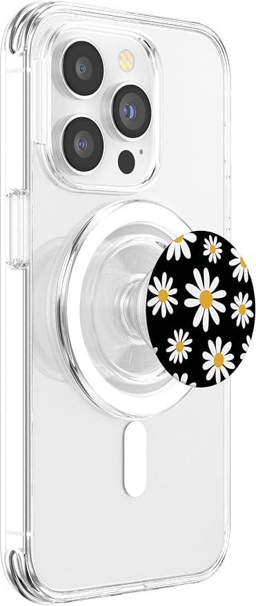 Daisies Floral Retro Pattern Large Scale Daisy on Black PopSockets Adhesive PopGrip