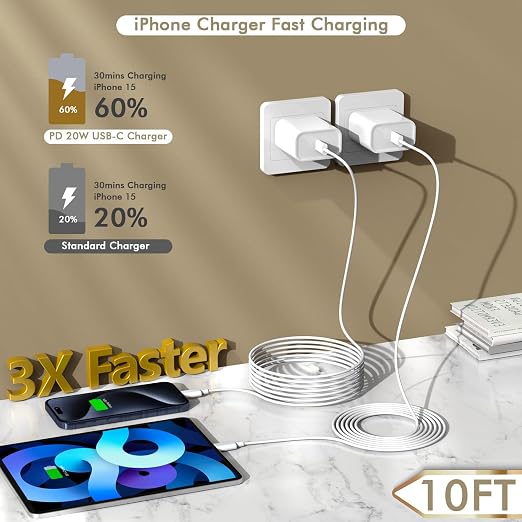 iPhone 17 16 15 Charger Fast Charging 2Pack 10FT Extra Long USBC to C Cable Cord with 20W Apple iPad USB C Fast Charger USB C Wall Charger Block for iPhone 17/16 Pro Max/17 Air/16 Pro/15/15 PlusiPad