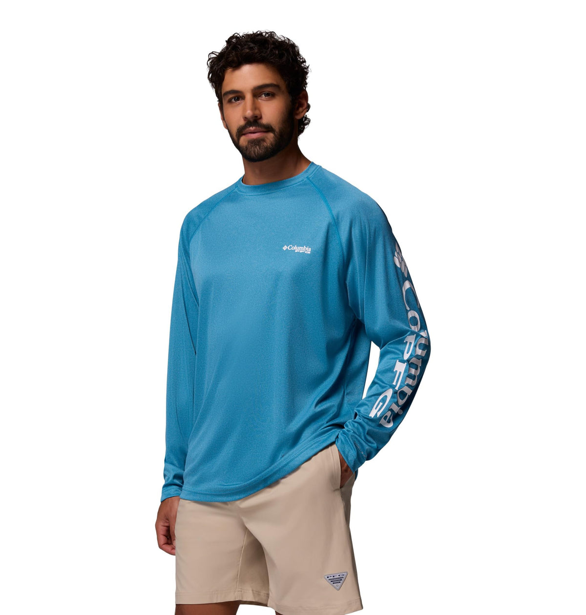 Columbia Men's PFG Terminal Tackle Long Sleeve Fishing Shirt, Blue Echo Heather/White Logo, 3X Tall