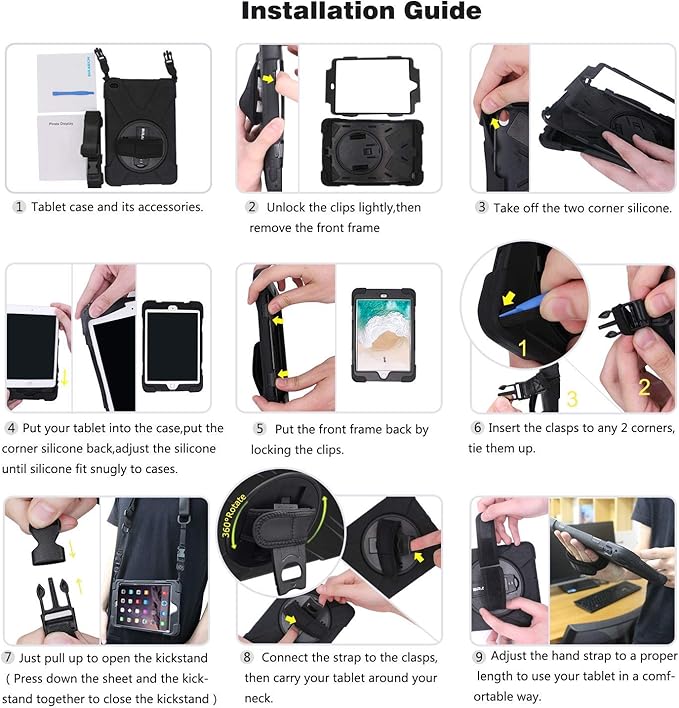 BRAECN for Galaxy Tab A 10.1 2019 Case, Heavy Duty Shockproof Rugged Case with 360 Degree Rotating Hand Strap/Stand and Shoulder Strap for Samsung Tab A 10.1 SM-T510/T515 2019 (Black)