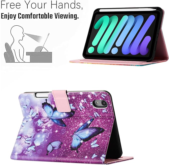 Case for iPad mini 7 A17 Pro &amp iPad mini 6 (2024/2021) Built-in Pencil Holder Premium PU Leather Folio Stand Smart Protective Cover Multi-Viewing Angles and Auto Wake/Sleep - Beach