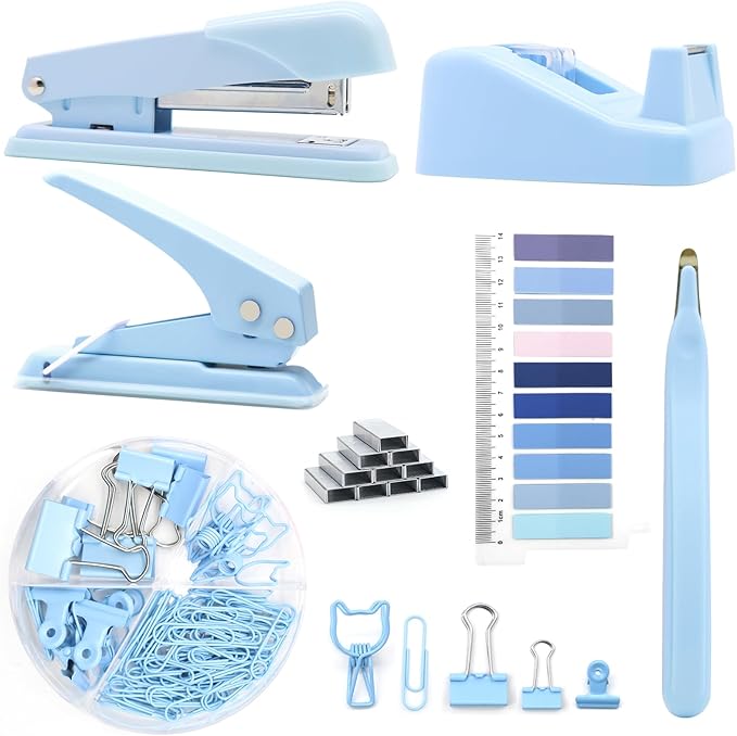 Blue Office Supplies,UPIHO Blue Desk Accessories,Stapler and Tape Dispenser Set for Women with Stapler,Tape Dispenser,Magnetic Staple Remover,Staples,Clips,Hole Punch and Tabs,School Supplies