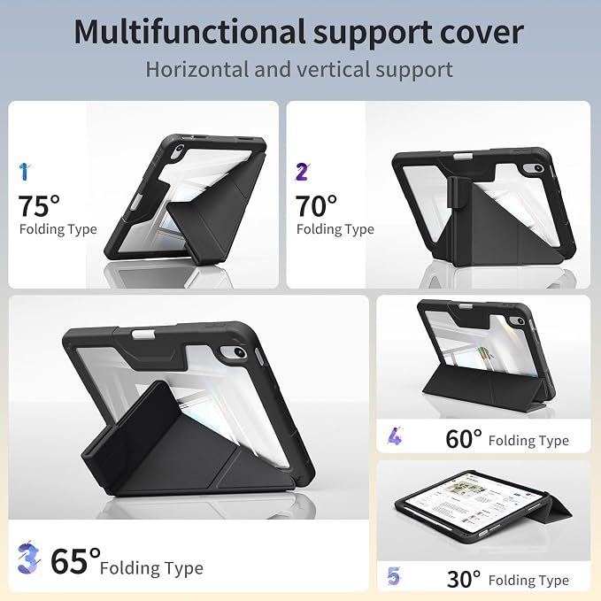 Case for iPad (A16) 11th Gen 11'' 2025/iPad 10th Gen 10.9'' 2022 | Shockproof Protective Cover with Pencil Holder Multi-Angle Stand Clear Back Support Touch ID &amp Auto Sleep/Wake (Black)