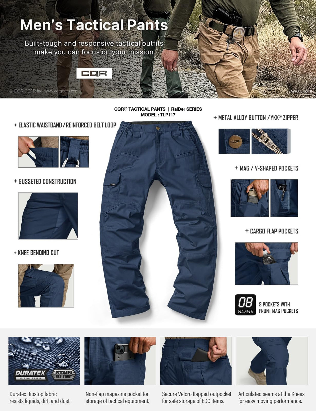 CQR Men's Tactical Pants, Water Resistant Ripstop Cargo Pants, Lightweight EDC Work Hiking Pants, Outdoor Apparel, Raider Midnight Blue, 34W x 30L
