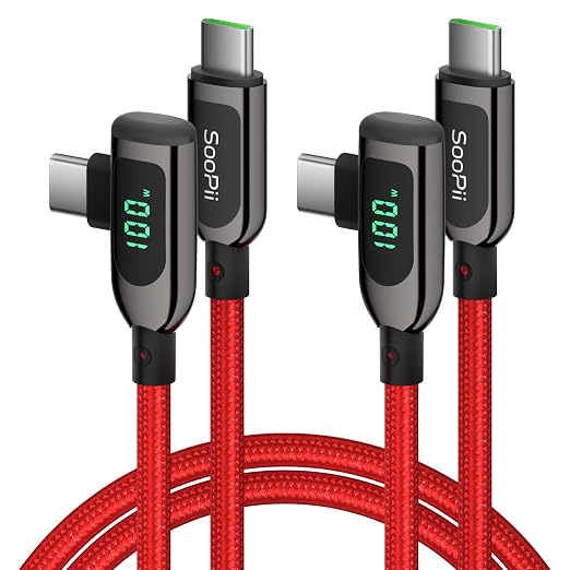 SOOPII 100W Right Angle USB C to USB C Cable2-Pack 1FT Zinc Alloy Case Nylon Braided Type-C Cable with LED Display for lPad Mini/Air/ProMacBook ProSamsung S23/S22/S10PixelLG(0.3mBlack)