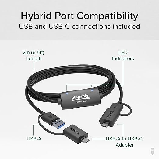 Plugable USB Transfer Cable Unlimited Use Transfer Data Between 2 Windows PC's Compatible with Windows 11 10 7 XP Bravura Easy Computer Sync Software Included