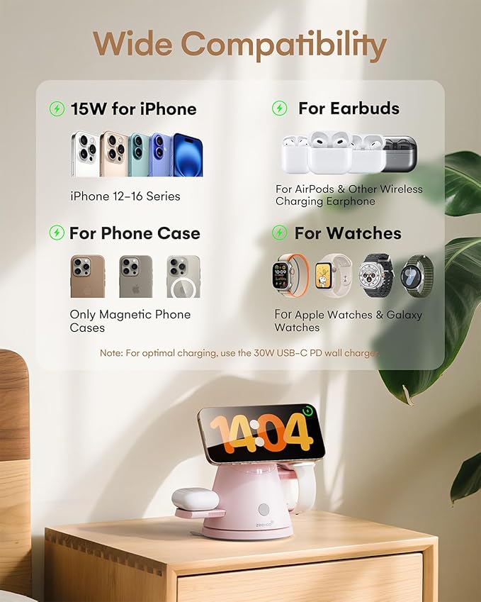 ZEEHOO 4 in 1 Wireless Charging Station for Apple,Mag-Safe Charger &Dimmable Light,Qi2 15W Rotating Fast Wireless Charger for iPhone 16,15,14,13,12&Pixel10&AirPods& iWatch&Samsung Watch(30W Adapter)