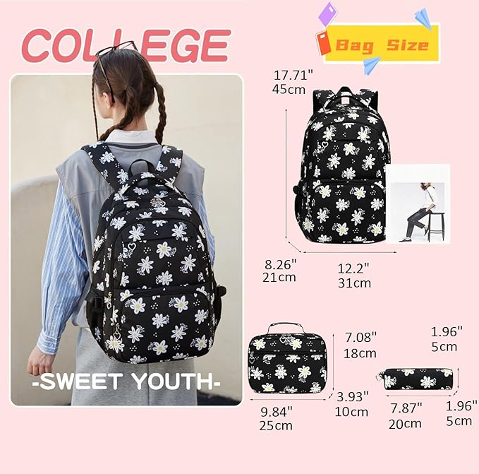 3Pcs Daisy Backpack for Girls with Lunch Box Kids School Bag with Lunch Bag Bookbag for Elementary School