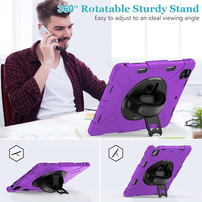 Case for iPad Pro 12.9 2022/2021/ 2020/2018: Cover for iPad Pro 12.9 6th/ 5th/ 4th/ 3rd Generation with Screen Protector- Stand- Pencil Holder- Handle- Shoulder Strap Purple