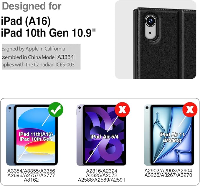 Antbox Case for iPad (A16) 11th (11'')/ 10th Generation (10.9'') Black | High Grade Skin-Touch Vegan Leather Built-in Pencil Holder Auto Sleep/Wake Function