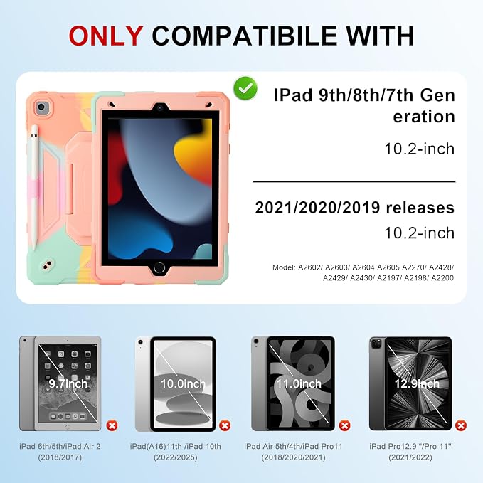 Case for iPad 9th Generation (2021) /iPad 8th Gen (2020)/iPad 7th Gen (2019) Military Grade Shockproof iPad Case Built-in 360°Rotating Stand/Pen Slot/Shoulder Strap for iPad 10.2 (Black)