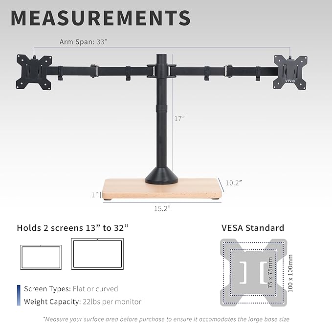 VIVO Freestanding Dual Monitor Stand with Solid Wood Base and Adjustable Arms, Mounts 2 Screens up to 32 inch and 22 lbs Each, Black, STAND-V002FD-B