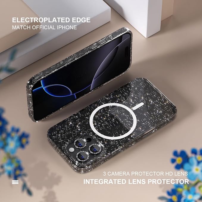 Choiche for iPhone 15 Pro Max Case Compatible with MagSafe Glitter Black | Women Girly Cute Glitter Sparkly Magnetic Phone Case with Diamond Camera Lens Protectors Military-Grade Drop Protection 6.7