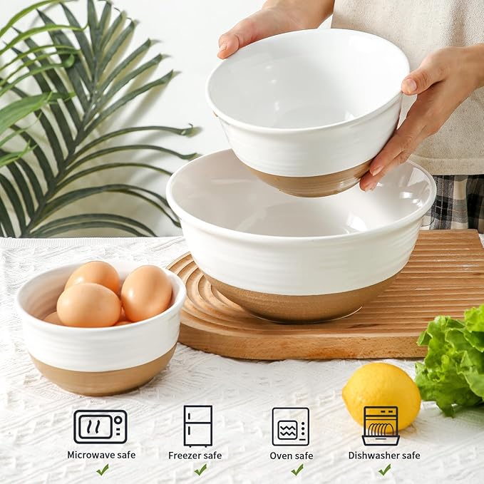 HASENSE Serving Bowls,Ceramic Mixing Bowls, Large Salad Pasta Bowls Set, 2.1/1.0/0.5 Qt for Entertaining, White Nesting Batter Bowls for Prepping Baking, Dishwasher Microwave Safe, Set of 3