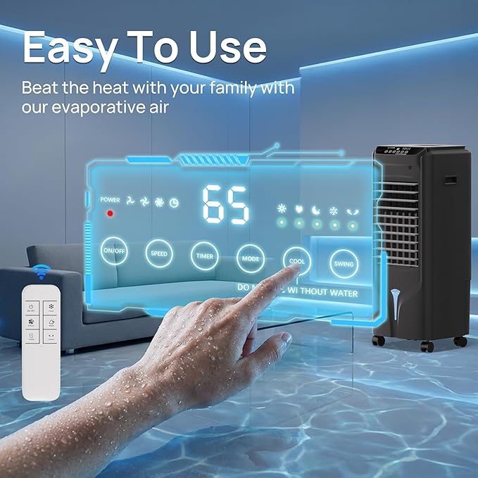 YEW 25" Evaporative Air Cooler,1500CFM Swamp Cooler Air Conditioner with 3.5 Gal Tank,Windowless Swamp Cooler with Remote,3 Speeds, 12H Timer,Fans that Blow Cold Air for Bedroom Indoor Office