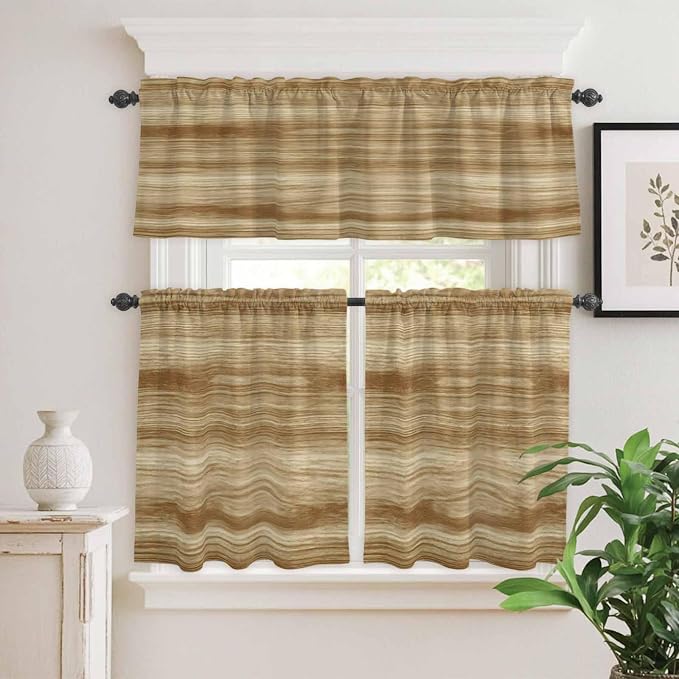 Kitchen Curtains Tiers and Valance Set of 3, Light Brown Wood Grain Light