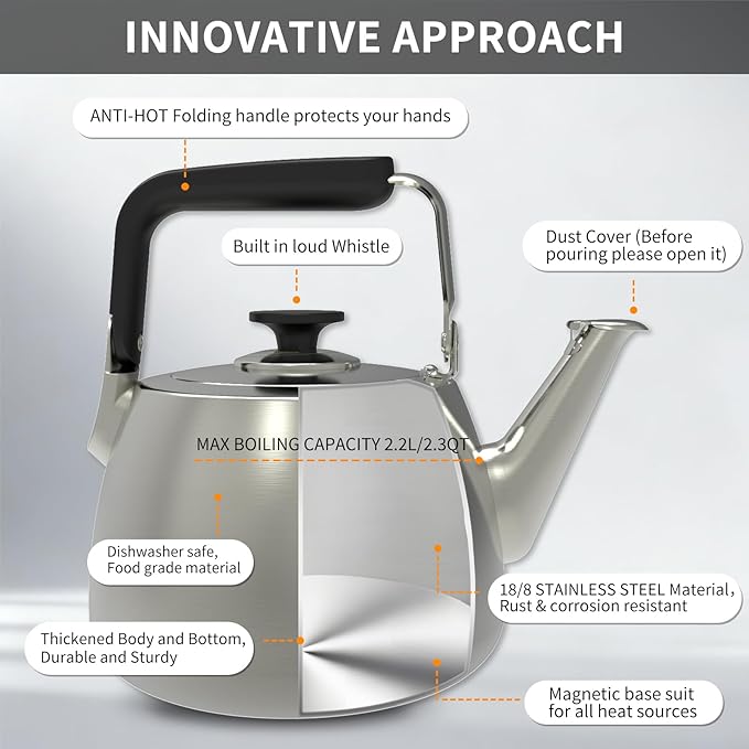 SADOMAIN Whistling Tea Kettle, 2.3QT Teapot for Stovetop Incl. Induction