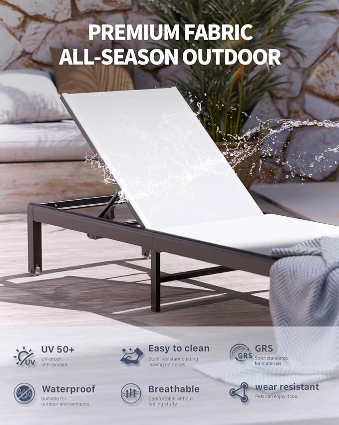 Aluminum Lounge Chairs Outdoor Chaise Furniture,2 Sets Patio Metal Deck Lounger Adjustable 5-Position Poolside Chase Recliner with Wheels for Beach,Coffee Table, (White, 2 Chairs)