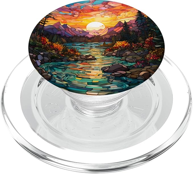 Sunset Stained Glass Mosaic Landscape Scene PopSockets Adhesive PopGrip