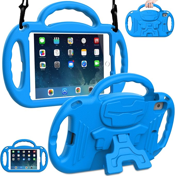 LTROP Kids Case for iPad Mini 5/4/3/2/1 7.9 Inch Case with Shoulder Strap Shockproof Handle Kickstand for iPad Mini 5th/4th/3rd/2nd/1st Generation for Kids Toddler Boys Girls Blue