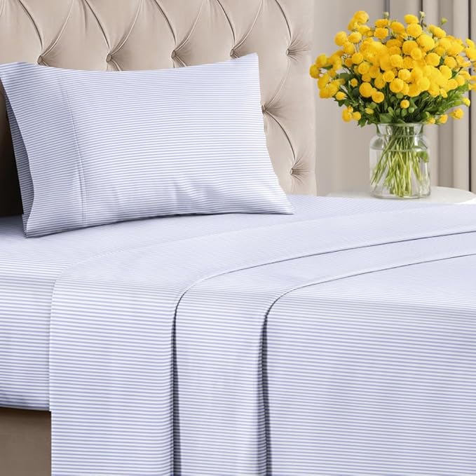 Light Blue and White Striped Sheets - 1 Flat & 1 Fitted Sheet & 1 Pillowcase w/ Deep Pockets - Wrinkle & Fade Resistant - Ultra-Soft, Breathable & Cooling - Luxury Pinstripe Bedding - Twin Size