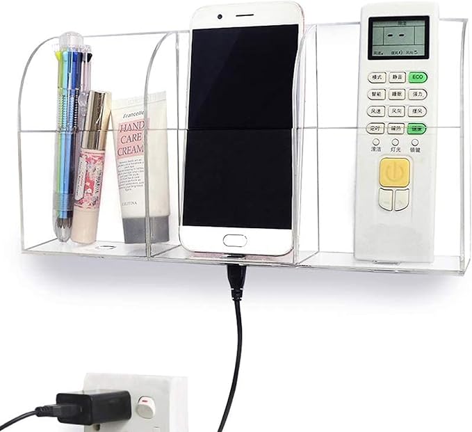 Clear Wall Tablet Holder Acrylic Wall Mounted Phone Holder for iPad Remote Control Holder Laptop Stand for eReader Storage Caddy with Charging Holes for Kindle iPhone