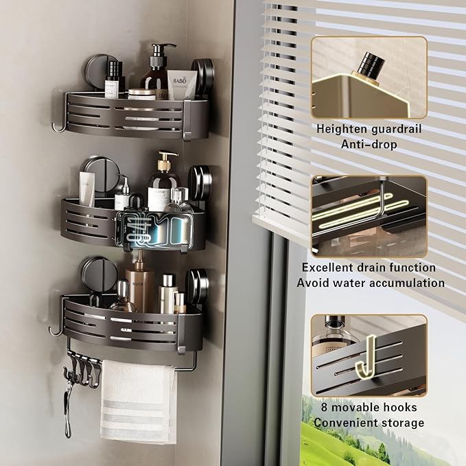 VOLPONE Shower Caddy Suction Cup No Drilling Suction Cup Shower Shelf Heavy Duty Bathroom Shower Organizer Storage Rack Adhesive with Towel Bar Hooks (1-Pack, Matte Gray)