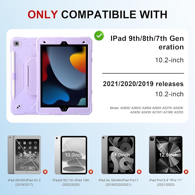 Case for iPad 9th Generation (2021) /iPad 8th Gen (2020)/iPad 7th Gen (2019) Military Grade Shockproof iPad Case Built-in 360°Rotating Stand/Pen Slot/Shoulder Strap for iPad 10.2 (Black)