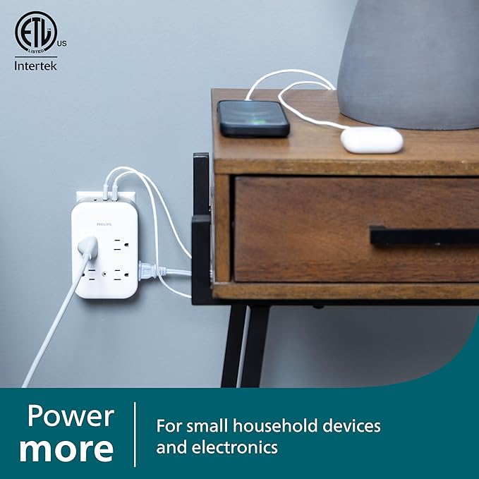 Philips All-in-One Surge Tap with USB, 4 Grounded & 4 Polarized Outlets, 2 USB-C & 1 USB-A Ports, 15W Shared, 1140 Joules, ETL Certified, White/Gray, SPP3453GW/37