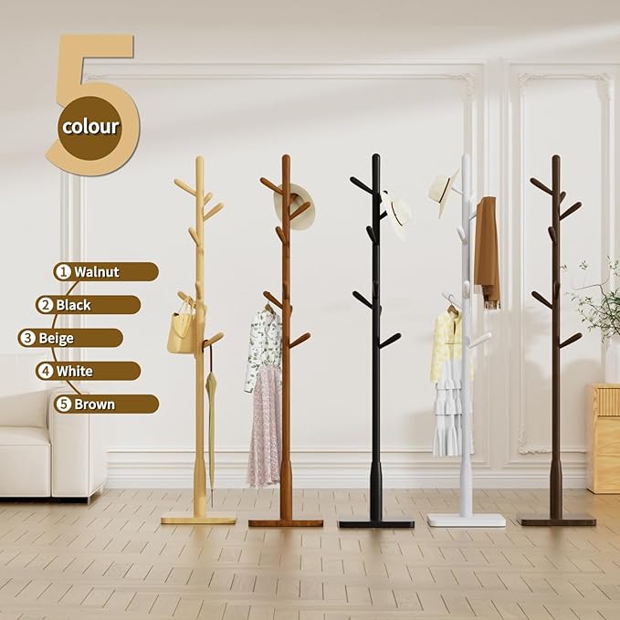Solid Wood Square Base Coat Rack, Free Standing Hall Coat Tree with 8 Hooks（+2 spare for Coats, Hats, Bags, Purses, for Entryway, Hallway, Rubberwood Hooks,Base and Pole,(Square Base, Black)