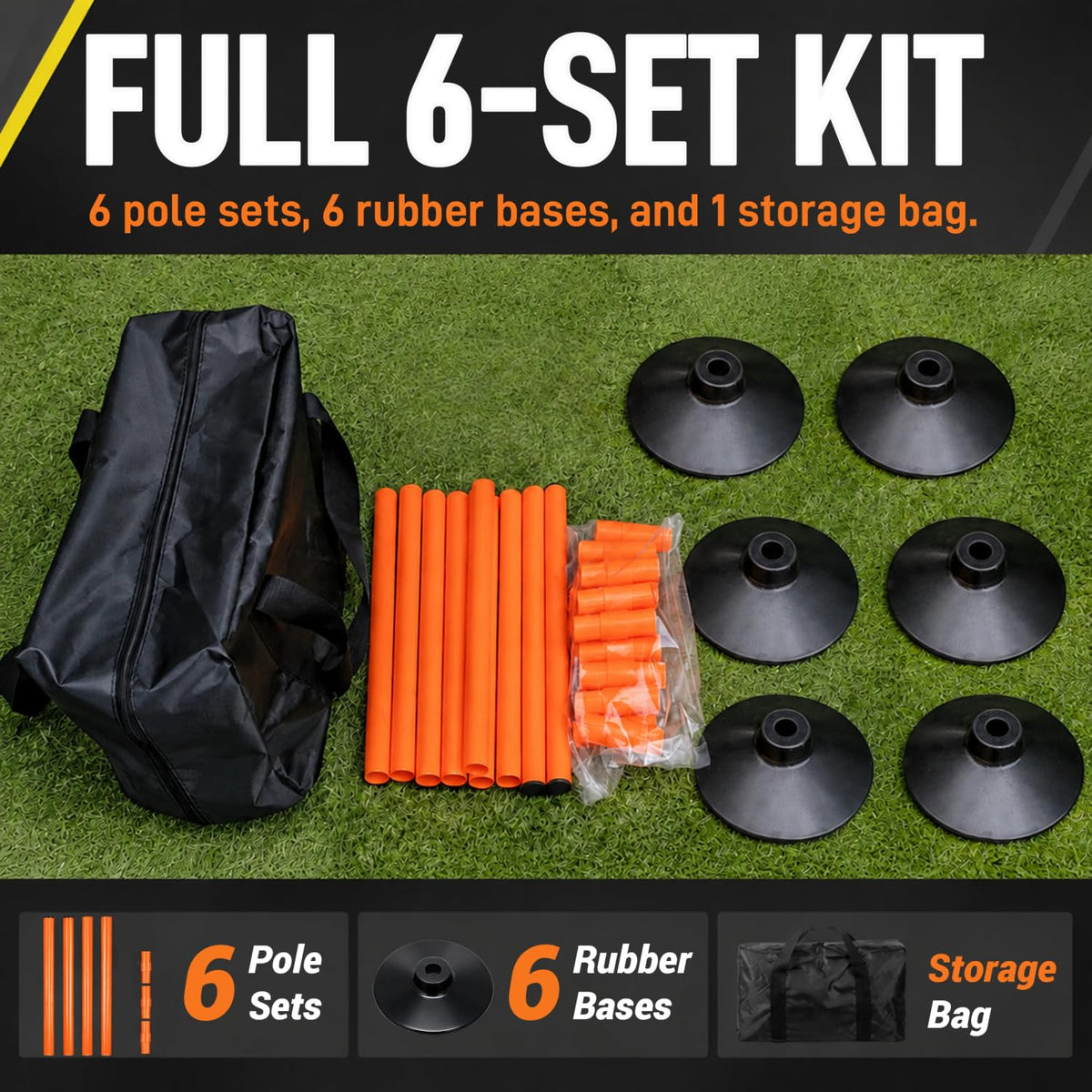 6 Pcs 5FT Adjustable Agility Training Poles, Rubber Bases and Bag