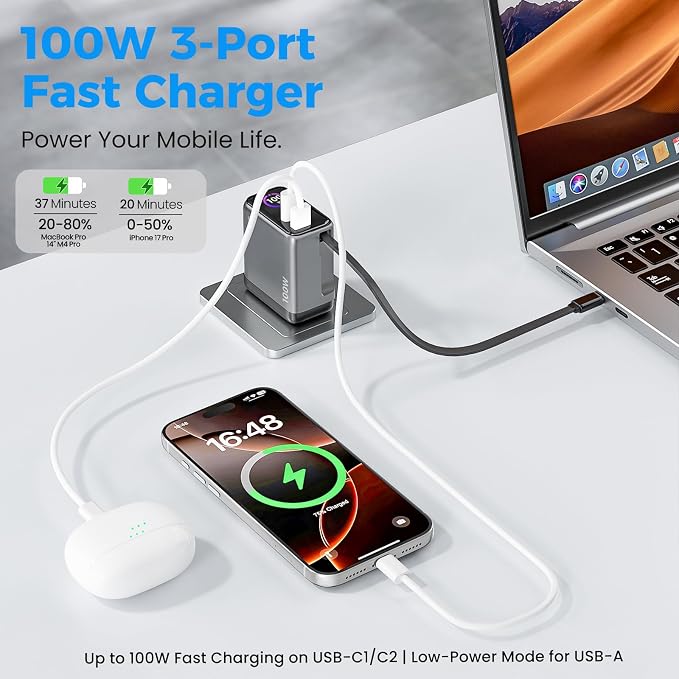 100W GaN USB C Retractable Charger with Smart Display Compact 3-Port Fast Charging Wall Adapter with Foldable Plug for MacBook Pro/Air iPhone 17/16 Galaxy S26 iPad