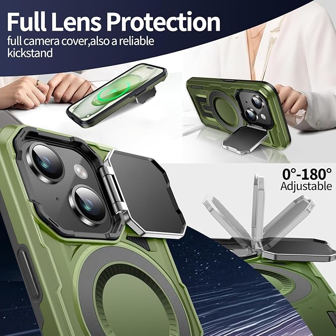 Camera Stand Case for iPhone 15, [Compatible with Mag Safe] [Lens Cover] 2024 Version Military Grade Protective Soft Case for iPhone 15 6.1 inch Men Women, Green