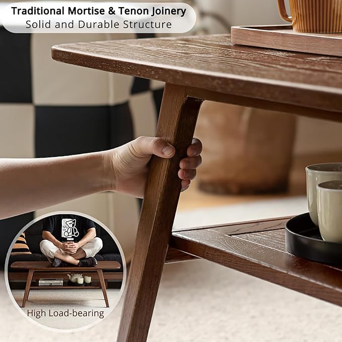 Solid Oak Wood Coffee Table - 2-Tier Modern Center Table, Living Room Tables with Double Storage for Living Rooms, Bedrooms, and Offices (Walnut, 39.37" D x 19.69" W x 17.32" H)