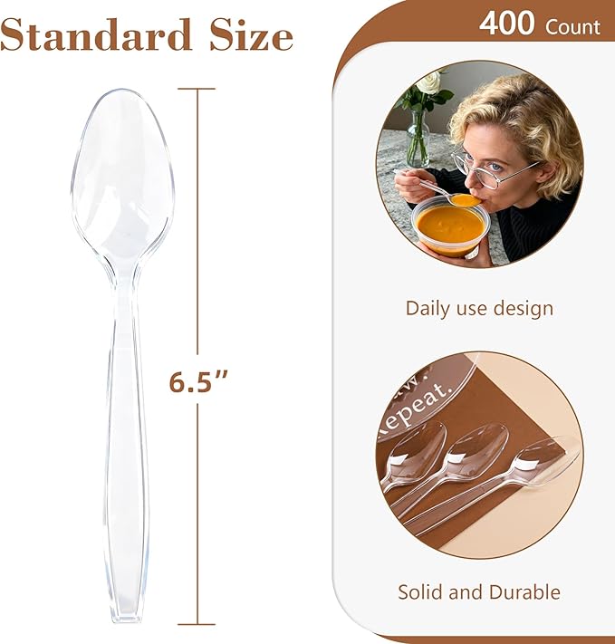 QualQuot 400 Count Heavy Duty Clear Plastic Spoons, Bulk Disposable Spoons