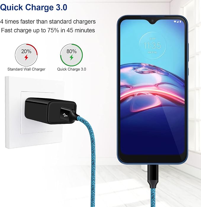 Android Phone Fast ChargerQuick3.0 USB Fast Wall Charger Plug Micro USB Cable 6FT Compatible for Samsung Galaxy J3 J5 J7 J8 S7 S6 A10 A02 A6 A01 LG Stylo 2 3 Plus Moto G/X/E E4 E5 E6s E7 G5 Plus