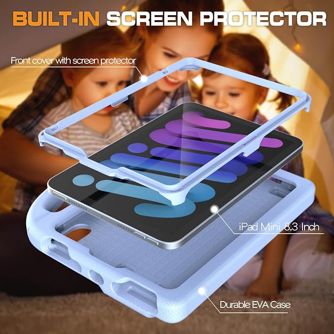 Kids Case for iPad mini 7 (A17 Pro) 2024/ Mini 6 2021 iPad mini 7th/6th Generation Case with Screen Protector - Shockproof with Handle Stand Protective Cover for iPad 8.3 Inch Lavender