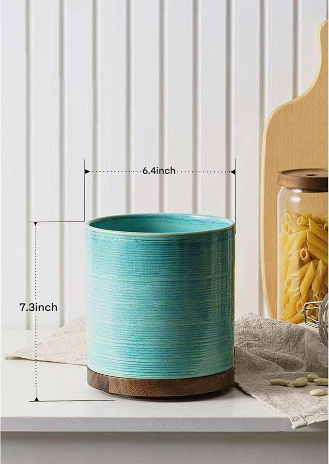 Utensil Holder, 360° Rotating Extra Large Ceramic Kitchen Utensil Holder for Countertop, Cooking Utensil Crocks for Counter with Rotatable Wooden Base, Farmhouse Kitchen Decor, Green