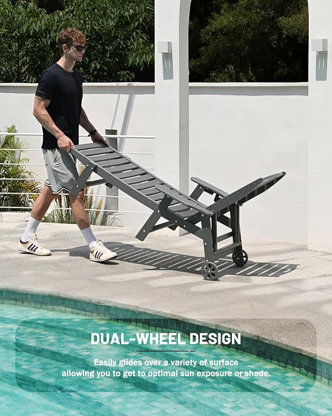 Modern Grey Polypropylene Lounge Chair Outdoor, 6-Position Adjustable Chaise Lounge with Wheels, Cup Holder, for Pool, Patio, Backyard
