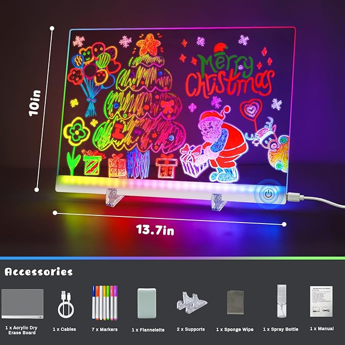 Acrylic Dry Erase Board with Light, 13.7"x10" 7 Color Changing Touch LED Note Board with 4 Modes & 7 Markers, Light Up Message Board Desktop Memo Board, LED Drawing Board for Kids Girls Boys (Touch)