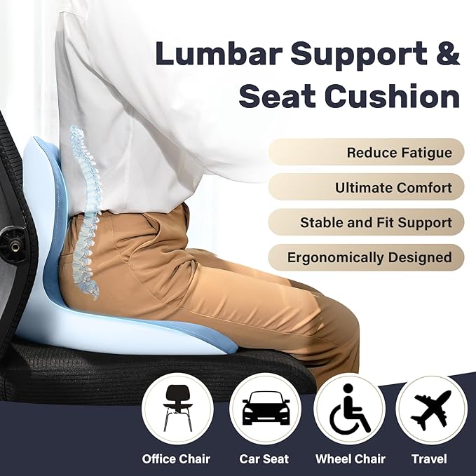Coverado Car Seat Cushion and Lumbar Support Pillow One Piece, Memory Foam Ergonomic Back Support Driving Seat Cushion for Back Pain, Non-Slip Washable Cushion for Car, Driver, Office